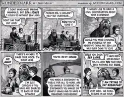 A comic strip featuring a talking sealion pestering a woman