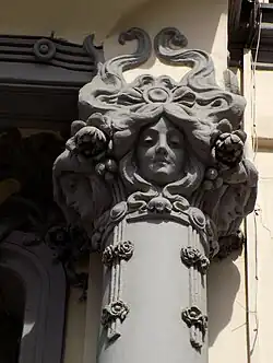 Quirky Art Nouveau capital covered in mascarons, of the Bakhrushiny Revenue House (Tverskaya Street no. 12), Moscow, by Karl Karlowitsch Hippius, 1900-1901[46]