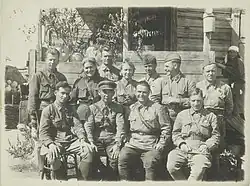 Deputy brigade commander of the 121st Brigade Lieutenant Colonel G. A. Adilbekov with tank officers, second from left, summer 1942
