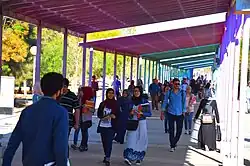 students seek shelter from the sun under the solar energy plates