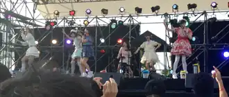 Band Ja Naimon! performing one of their numbers "Kimemaster!" on the stage at Akarenga Yokocho (Yokohama Red Brick Warehouse) idol festival in Yokohama, July 3rd 2016
