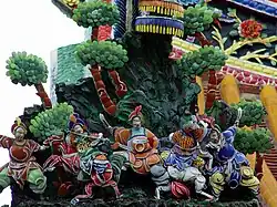 Cut porcelain carving decorations on Beipu Citian Temple, Hsinchu County, Taiwan.