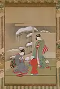 Painting the Eyes on a Snow Rabbit by Isoda Koryūsai (circa 1780, Japan) depicts a rabbit snow sculpture.