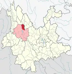 Location of Heqing County (red) and Dali Prefecture (pink) within Yunnan province