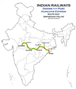 (Puri - Indore) Humsafar Express route map