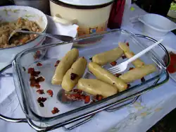 Kluski with fried bacon (in Galicia, Poland)