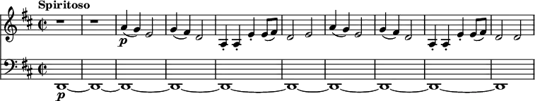 
<<
  \new Staff 
\relative a' 
{ 
\key d \major
\time 2/2 
\tempo "Spiritoso"
\tempo 4 = 260
\clef treble 
r1
r1
a4\p (g4) e2
g4 (fis4) d2
a4\staccato a\staccato e'\staccato e8 (fis8)
d2 e2
a4 (g4) e2
g4 (fis4) d2
a4\staccato a\staccato e'\staccato e8 (fis8)
d2 d2
}
  \new Staff 
\relative a 
{
\key d \major
 \clef bass 
d,,1~\p
d1~
d1~
d1~
d1~
d1~
d1~
d1~
d1~
d1)}
>>

