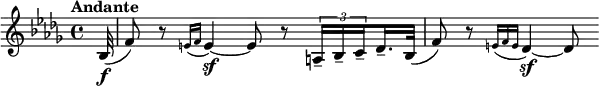\relative c' {
\tempo "Andante"
\set Score.tempoHideNote = ##t \tempo 4 = 56
\key bes \minor
\clef treble
\bar ""
\time 4/4
\partial32 bes32\f( f'8) r \grace {e16() f} e4~\sf)
e8 r \tuplet 3/2 {a,16-- bes-- \set stemRightBeamCount = 1 c--} \set stemLeftBeamCount = 1 des16.-- bes32(
f'8) r \grace {e16( f e} des4~\sf)
des8
}