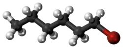 Ball and stick model of 1-bromohexane