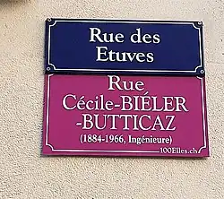 A street sign marking Rue Cécile Biéler-Butticaz.