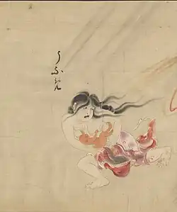 12 Ubume (うぶめ) can be described as a type of supernatural entity, or yōkai. Throughout folk stories and literature, the identity and appearance of ubume vary. However, she is most commonly depicted as the spirit of a woman who has died during childbirth. Passersby will see her as a normal-looking woman carrying a baby. She will typically try to give a passerby her child then disappear. When the person looks at the child they discover it is only a bundle of leaves or a large rock.[37] Ubume was conceived through various means of social and religious influence. During the late medieval period of Japan, attitudes surrounding motherhood started to change. For a mother to die in childbirth or late pregnancy came to be considered a sin; blame for the death of the unborn child came to be placed on the mother who in a sense was responsible for the infant's death.[38]