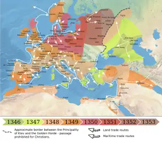 The spread of the Black Death in Europe and the Near East (1346–1353)