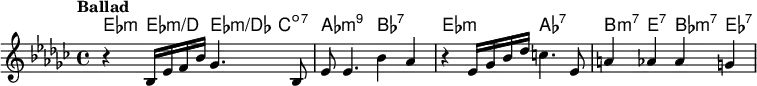 \relative c' {
<<
\new ChordNames {
\set chordChanges = ##t
\chordmode {
es:m es:m/d es:m/des c:dim7 | aes2:min9 bes:7 | es:m as:7 | b4:m7 e:7 bes:m7 es:7
}
}
\new Staff {
\tempo "Ballad"
\key es \minor
\set Score.tempoHideNote = ##t
\tempo 4 = 60
r4 bes16 es f bes ges4. bes,8 | es es4. bes'4 aes | r es16 ges bes des c4. es,8 | a4 aes aes g |
}
>>
}