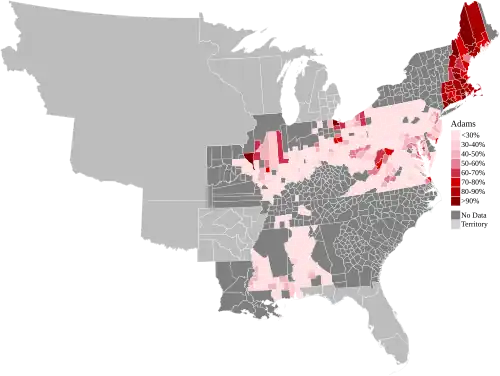 Map of presidential election Results by county, shaded according to the vote share of the highest result for an elector candidate pledged to Adams
