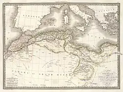 A technical map of North Africa and the Eastern Mediterranean with notable features marked or colored.