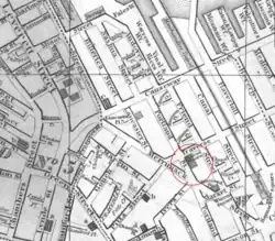 Detail of 1846 map of Boston, showing National Theatre at corner of Portland St. and Traverse St.