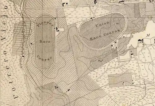1857 Map showing Pioneer Race Course and nearby Union Race Course (West at top of map)