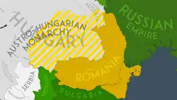 Map of the Treaty of Bucharest (1916), 10 days before Romania's entry to the war. Romanian claims are highlighted in yellow.
