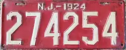 1924 New Jersey Vehicle Registration Plate