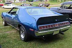 shows the rear end of a 1972 Javelin finished in blue with the tail lamp design following the "egg crate" pattern