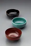 Tenmoku Soup Bowl (back), Celadon Soup Bowl (center), Red Iron Soup Bowl (front) (1972)