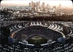 Dodger Stadium pictured beneath the Los Angeles skyline in 1987.