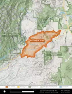 A map of the Fountain Fire's eventual perimeter, an irregular oval centered around Highway 299