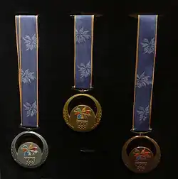 Three round medals with blue ribbons hanging in a display. The medals are silver, gold, and bronze from left to right.