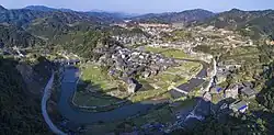 Aerial panorama of Chengyang, a scenic area in Sanjiang