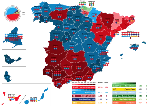 Map of Spain showcasing seat distribution by Congress of Deputies constituency