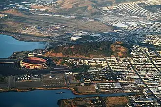 An aerial view of Bayview Park, which encompasses Candlestick (or Bayview) Hill, immediately adjacent to Candlestick Park.