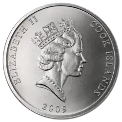 Coin with Queen Elizabeth's profile and the words 'Cook Islands'