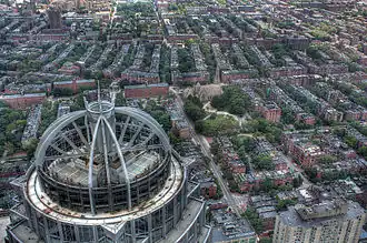 Aerial view of a residential neighborhood with a large building