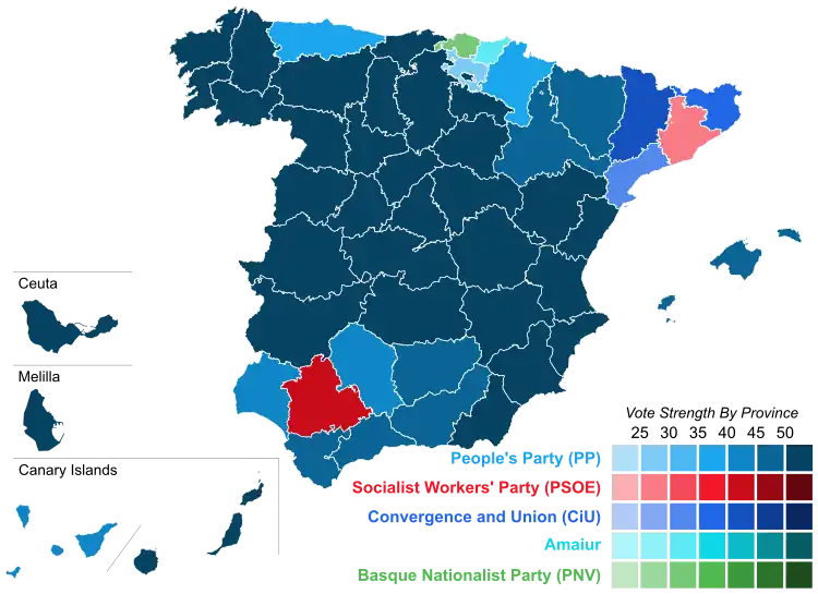 Map of Spain showcasing winning party's strength by constituency