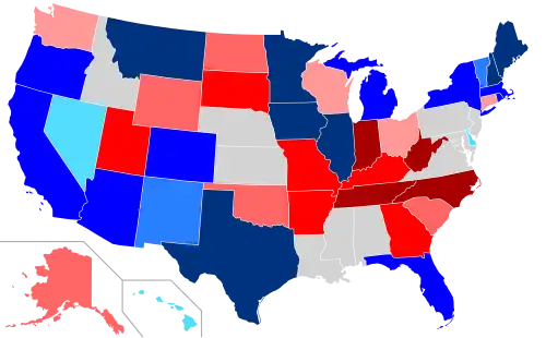 Net changes to lower house seats after the 2012 elections &nbsp;&nbsp;&nbsp;&nbsp;&nbsp;+1 Dem seat &nbsp;&nbsp;&nbsp;&nbsp;&nbsp;+2 Dem seats &nbsp;&nbsp;&nbsp;&nbsp;&nbsp;+3–5 Dem seats &nbsp;&nbsp;&nbsp;&nbsp;&nbsp;+6–116 Dem seats &nbsp;&nbsp;&nbsp;&nbsp;&nbsp;+1 Rep seat &nbsp;&nbsp;&nbsp;&nbsp;&nbsp;+2 Rep seats &nbsp;&nbsp;&nbsp;&nbsp;&nbsp;+3–5 Rep seats &nbsp;&nbsp;&nbsp;&nbsp;&nbsp;+6–11 Rep seats