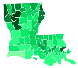 Support for Campbell by parish: &nbsp;&nbsp;35–40% &nbsp;&nbsp;30–35% &nbsp;&nbsp;25–30% &nbsp;&nbsp;20–25% &nbsp;&nbsp;15–20% &nbsp;&nbsp;10–15% &nbsp;&nbsp;5–10% &nbsp;&nbsp;<5%