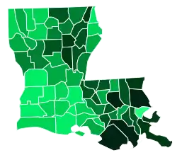 Support for Kennedy by parish: &nbsp;&nbsp;>40% &nbsp;&nbsp;35–40% &nbsp;&nbsp;30–35% &nbsp;&nbsp;25–30% &nbsp;&nbsp;20–25% &nbsp;&nbsp;15–20% &nbsp;&nbsp;10–15% &nbsp;&nbsp;5–10%
