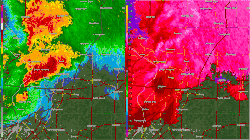 Two split-screen radar scans showing reflectivity (left) and velocity (right) imagery at the time of the tornado as it went over the factory