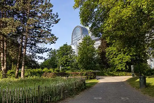 View of Leopold Park, the museum's location, with the European Parliament building in the background