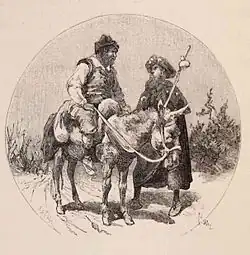 A man in a donkey talks to a man in a pilgrim costume.