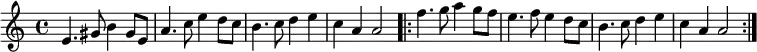 
 \relative a' {
 \time 4/4 
    e4. gis8 b4 gis8 e8    a4. c8 e4 d8 c8    b4. c8 d4 e4    c4 a4 a2
    \repeat volta 2 { 
    f'4. g8 a4 g8 f8    e4. f8 e4 d8 c8   b4. c8 d4 e4    c4 a4 a2 }
} 
