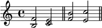 \new Voice \relative c' {
\clef treble \key c \major \time 4/4
<b f'>2 <c e> \bar "||"
<f b>2 <e c'> \bar "||"
}