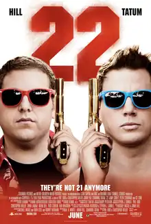 The faces of the two officers wearing colorful sunglasses, and holding guns up beside their faces. Above them is the number '22' in red.