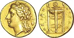 Electrum, a natural alloy of silver and gold, was often used for making coins. Shown is the Greek god Apollo, and on the obverse, a Delphi tripod (c. 310–305 BCE).