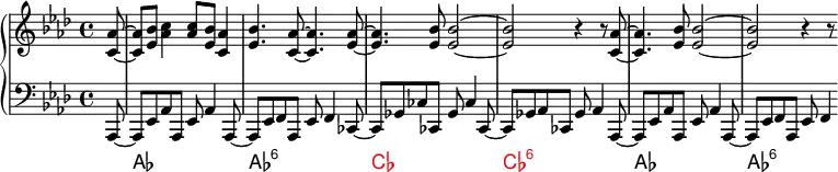 
\language english
\new PianoStaff <<
  \new Staff \fixed c' {
    \omit Score.MetronomeMark \tempo 4=140
    \key af \major
    \partial 8 <c af>8~ |
    8 <ef bf> <af c'>4 8 <ef bf> <c af>4 | <ef bf>4. <c af>8~ 4. <ef af>8~ |
    4. <ef bf>8 2~ | 2 r4 r8 <c af>~ | 4. <ef bf>8 2~ | 2 r4 r8
  }
  \new Staff \fixed c, {
    \clef bass
    \key af \major
    af,8~ | 8 ef af af, ef af4 af,8~ | 8 ef f af, ef f4 cf8~ |
    8 gf cf' cf gf cf'4 cf8~ | 8 gf af cf gf af4 af,8~ |
    8 ef af af, ef af4 af,8~ | 8 ef f af, ef f4
  }
  \new ChordNames \chordmode {
    \set midiMaximumVolume = 0
    s8 | af1 | af:6 |
    \override ChordName.color = red
    cf | cf:6 |
    \override ChordName.color = ##f
    af | af2..:6
  }
>>
