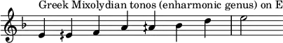 {
\key e \locrian
\override Score.TimeSignature #'stencil = ##f
\relative c' {
\clef treble \time 7/4
e4^\markup { Greek Mixolydian tonos (enharmonic genus) on E } eih f a aih bes d e2
} }