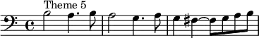 \relative c' {\clef "bass" b2^"Theme 5" a4. b8 a2 g4. a8 g4 fis~ fis8 [g a b]} 