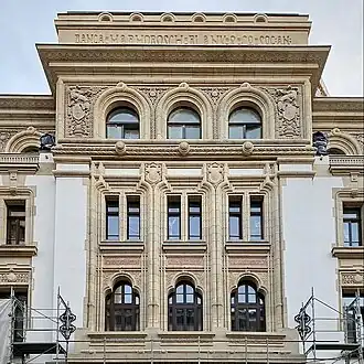 Part of the façade of the Marmorosch Blank Bank Palace in Bucharest (1915–1923), Strada Doamnei no. 2-6