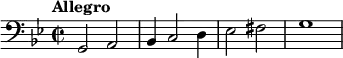 \relative c {
\clef bass
\time 2/2
\key g \minor
\tempo "Allegro"
g2 a bes4 c2 d4 es2 fis g1
}