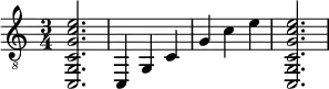 {
\clef "treble_8"
\time 3/4
<c, g, c g c' e'>2.
<c, >4
<g, >4
<c >4
<g >4
<c' >4
<e' >4
<c, g, c g c' e'>2.
}